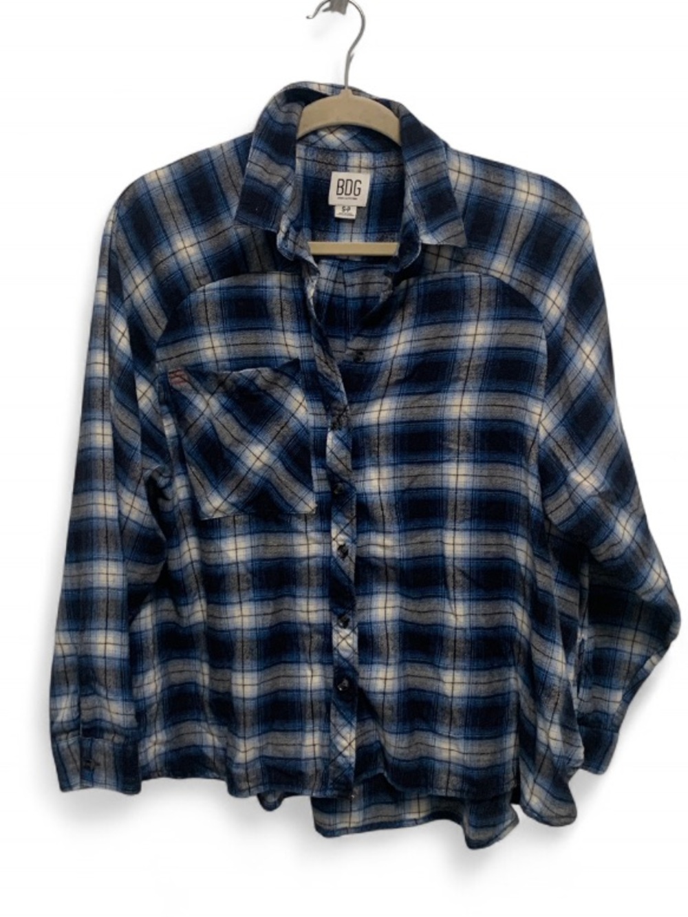 BDG Blue and White Plaid Long Sleeve Button-Down Shirt